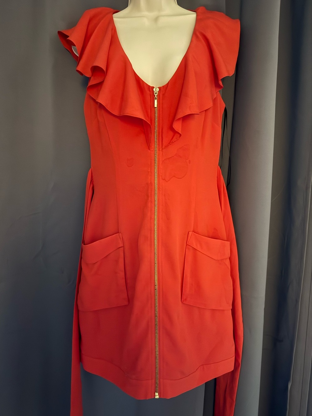 Bebe Coral Red Ruffle-Front Zip Dress